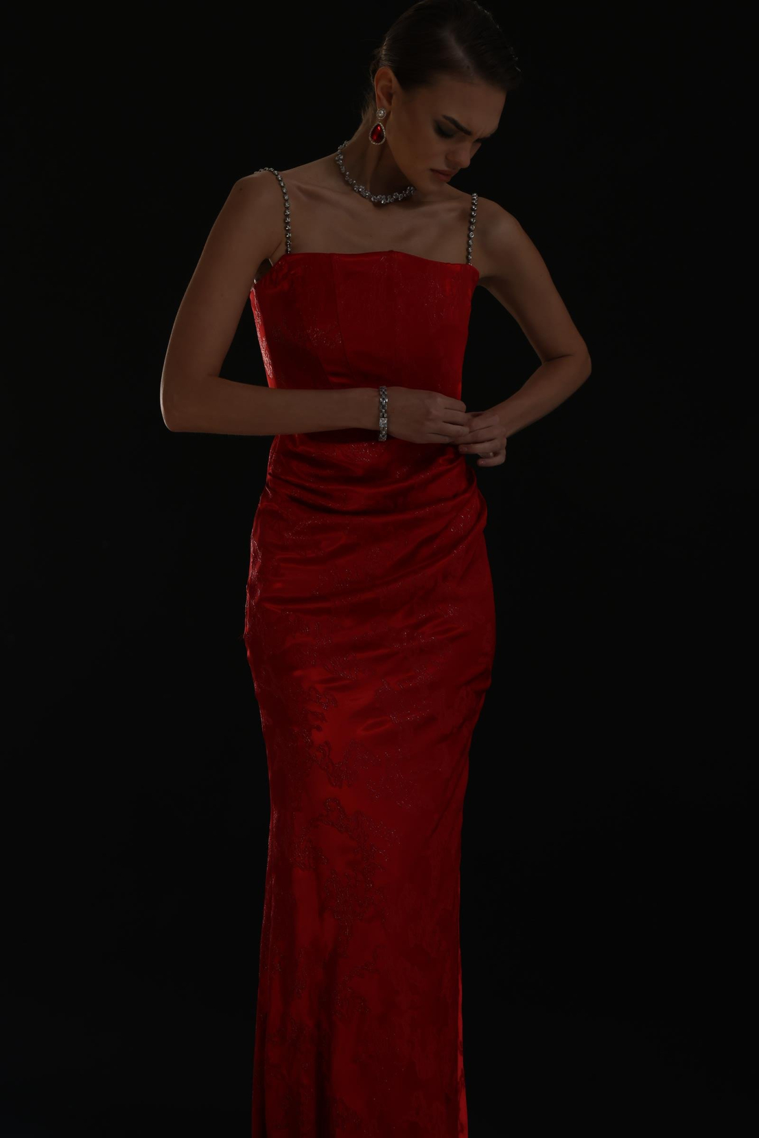 Straplez Jakar Elbise KIRMIZI