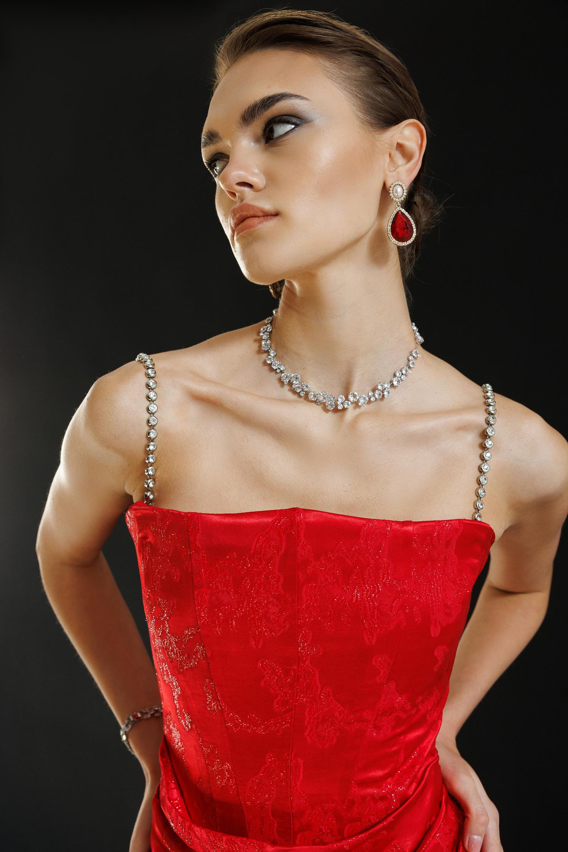 Straplez Jakar Elbise KIRMIZI