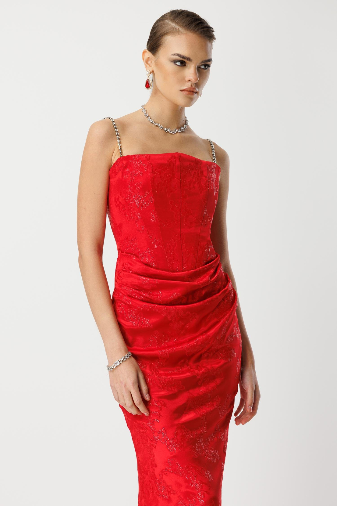 Straplez Jakar Elbise KIRMIZI