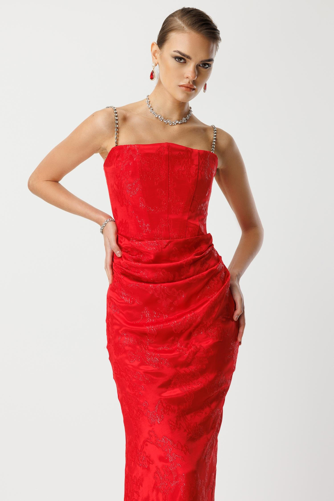 Straplez Jakar Elbise KIRMIZI