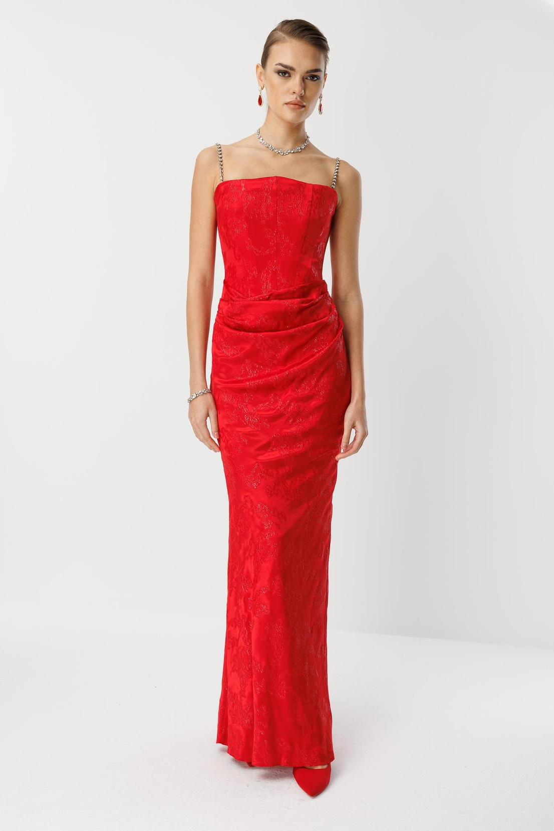 Straplez Jakar Elbise KIRMIZI