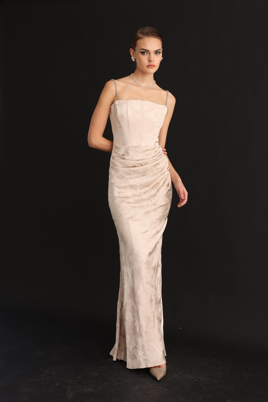 Straplez Jakar Elbise VİZON