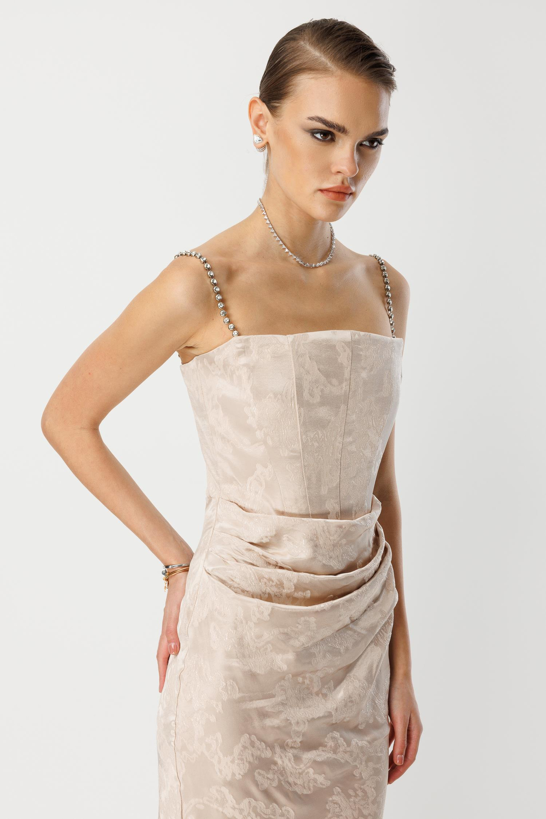 Straplez Jakar Elbise VİZON