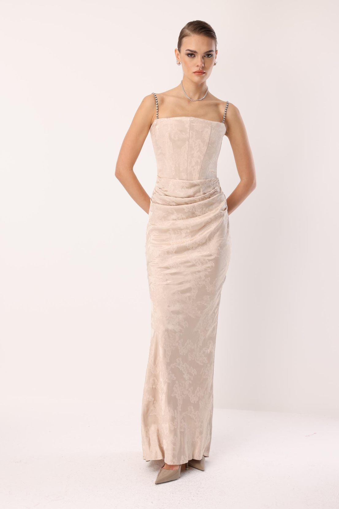 Straplez Jakar Elbise VİZON