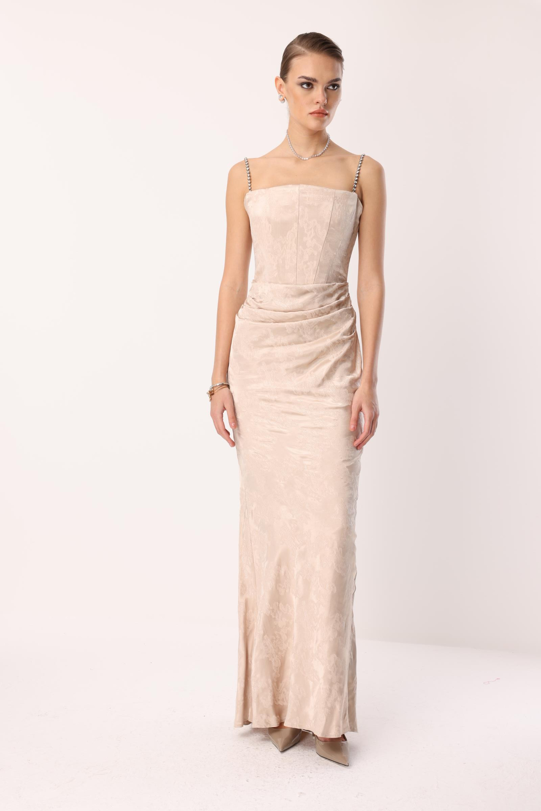 Straplez Jakar Elbise VİZON