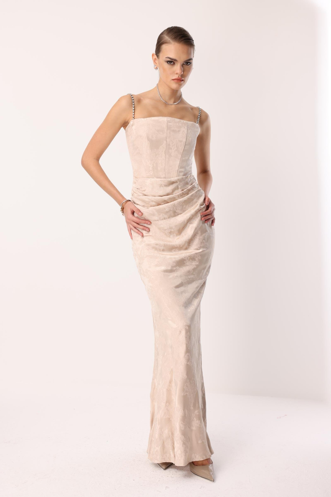 Straplez Jakar Elbise VİZON