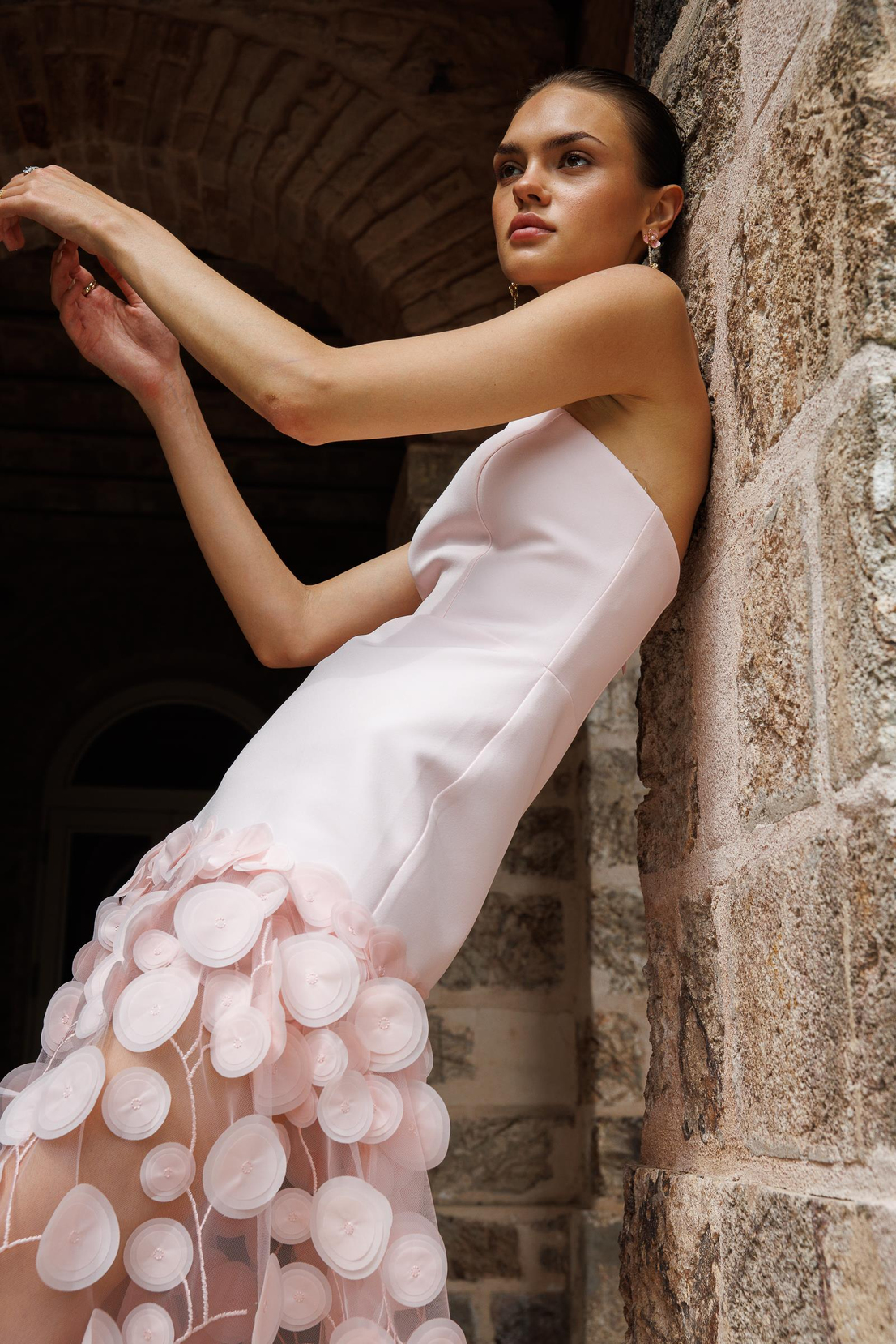 Strapless Top Crepe Skirt 3D Tulle Long Evening Dress PINK