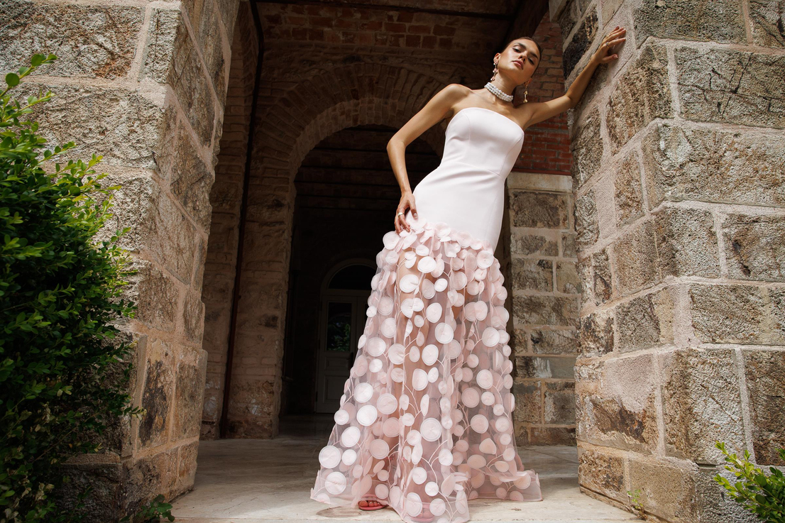 Strapless Top Crepe Skirt 3D Tulle Long Evening Dress PINK