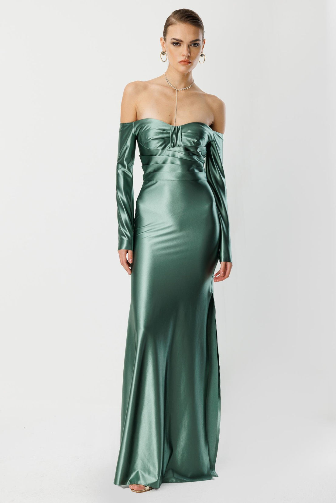 Straplez Uzun Kol Saten Elbise YEŞİL