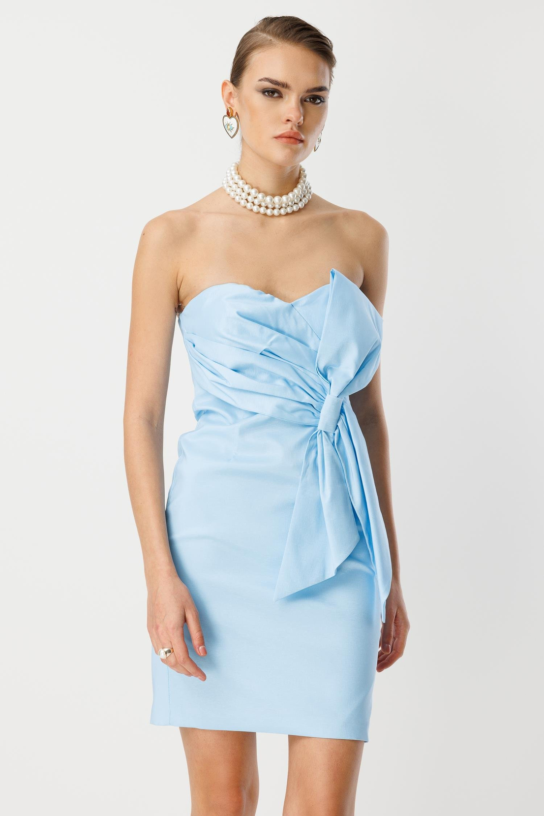 Tafta Fiyonk Detay Mini Elbise BEBE MAVİ