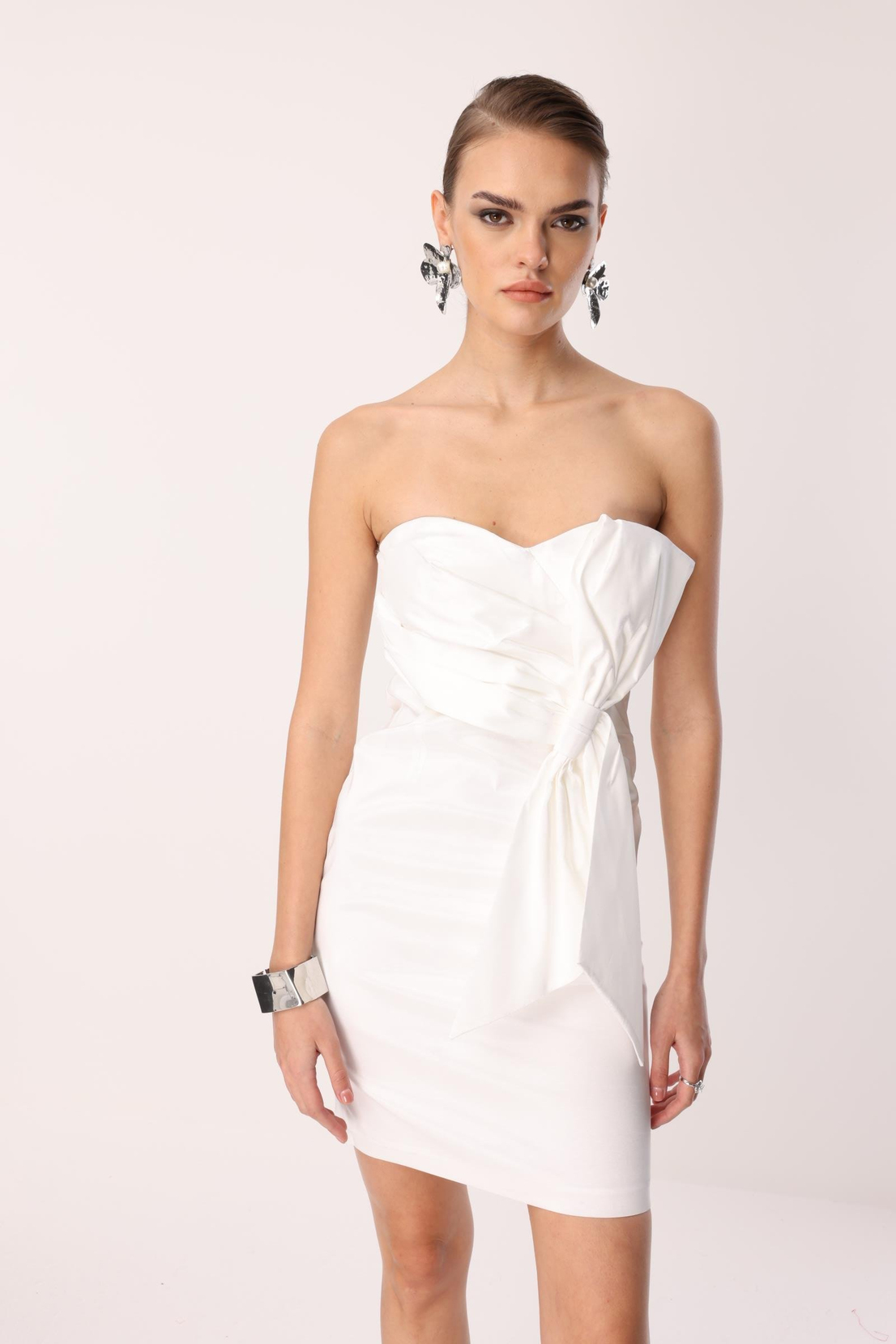 Tafta Fiyonk Detay Mini Elbise EKRU