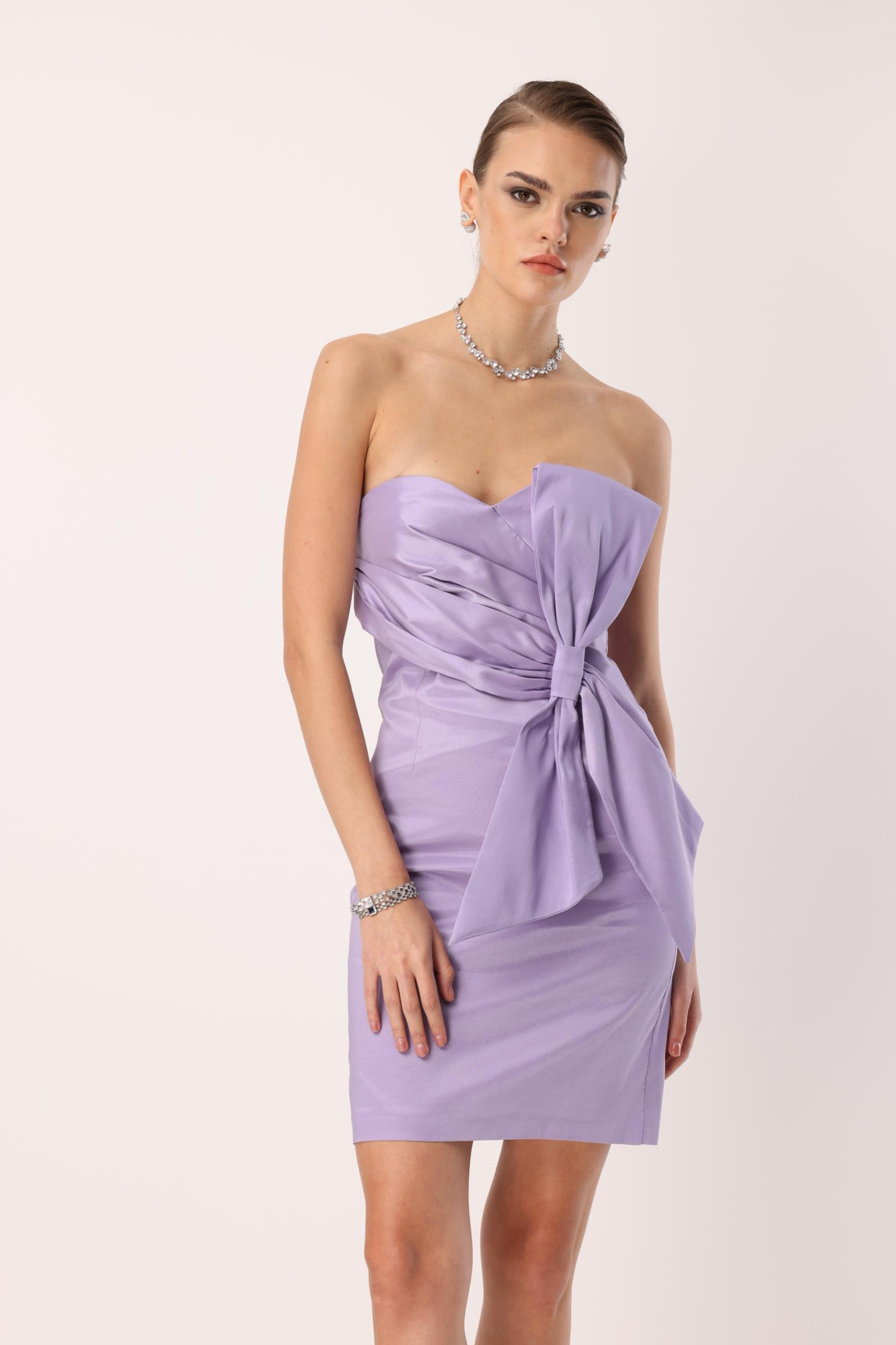 Tafta Fiyonk Detay Mini Elbise LİLA
