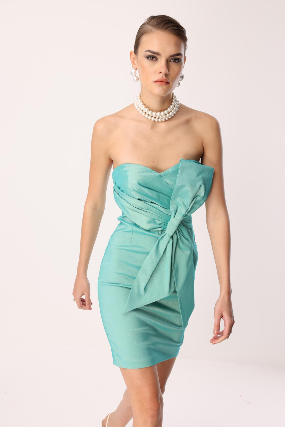 Tafta Fiyonk Detay Mini Elbise MİNT