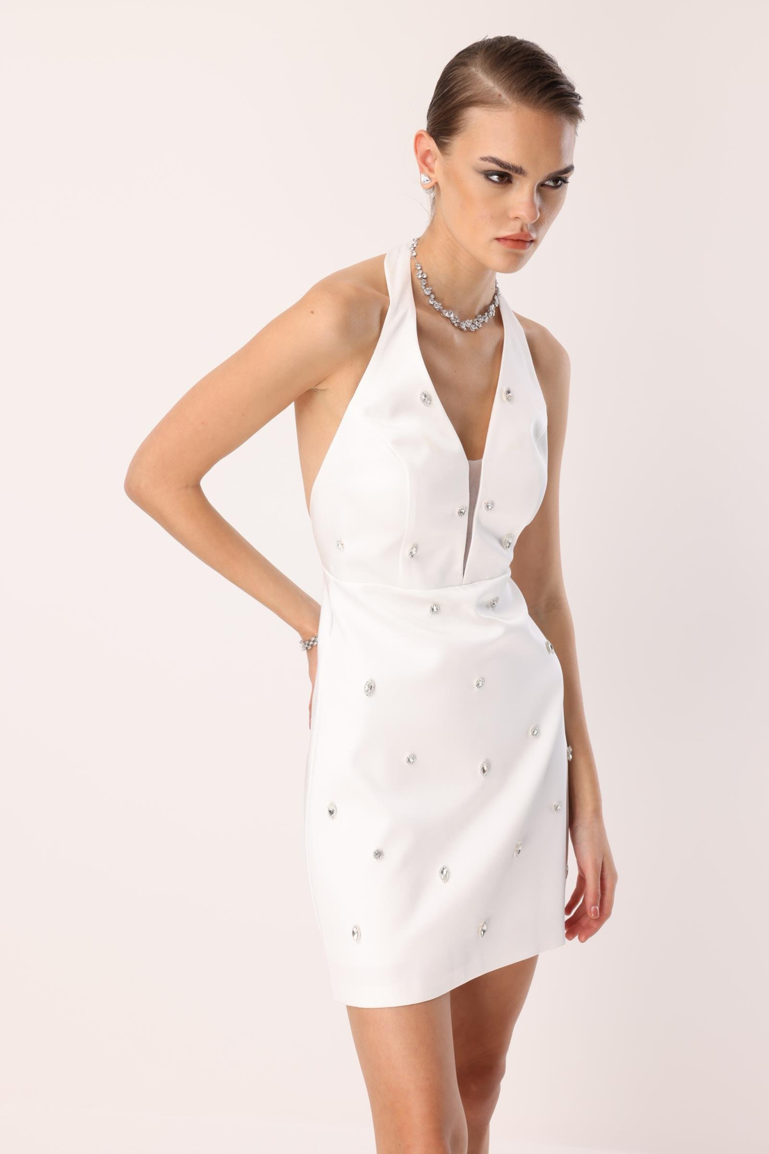 Taş Detay Mini Elbise EKRU