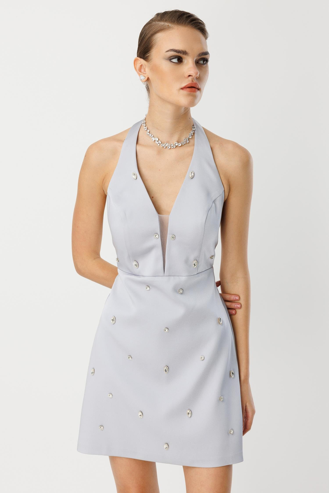 Taş Detay Mini Elbise GRİ