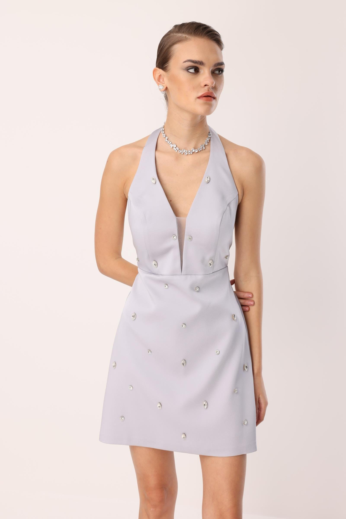 Taş Detay Mini Elbise GRİ