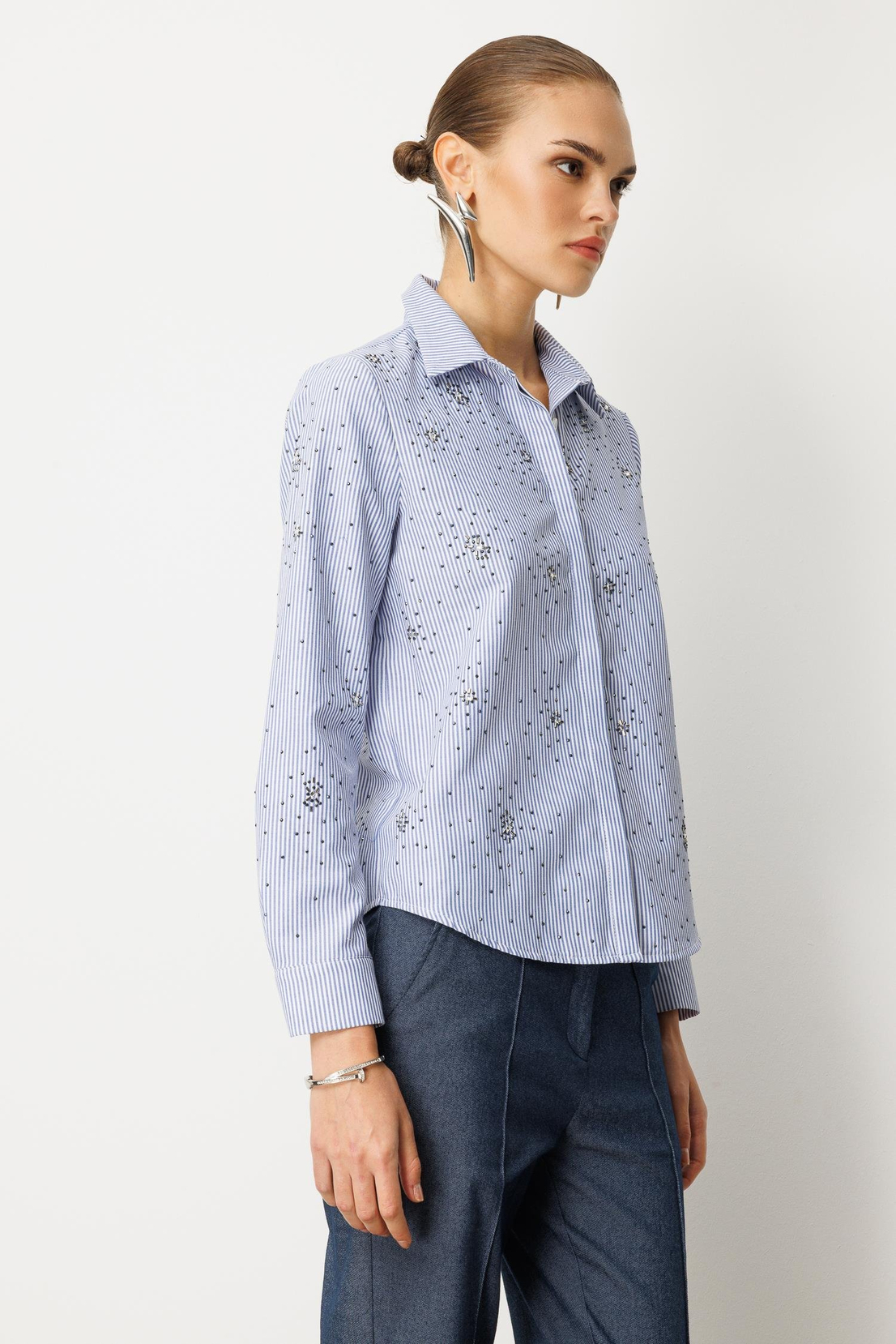 Taş İşlemel Çizgili i Gömlek LACİVERT