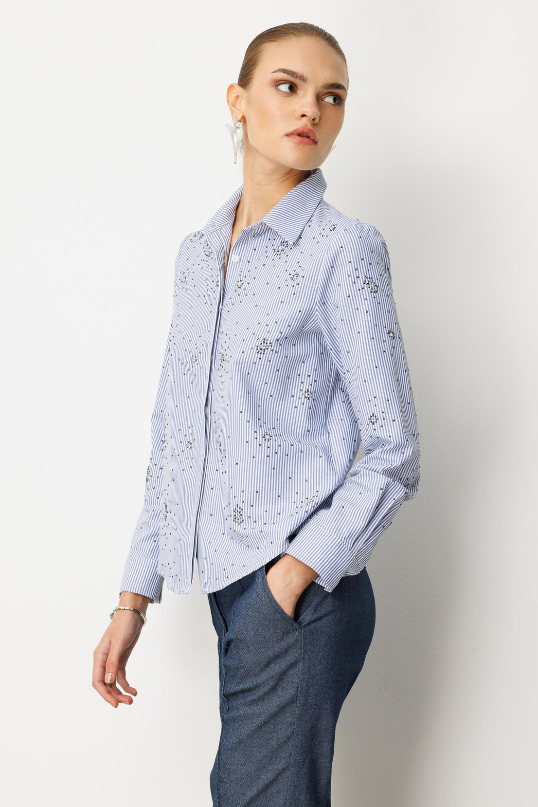 Taş İşlemel Çizgili i Gömlek LACİVERT