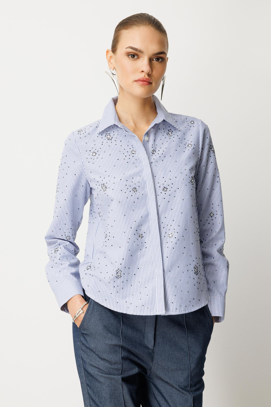 Taş İşlemel Çizgili i Gömlek LACİVERT
