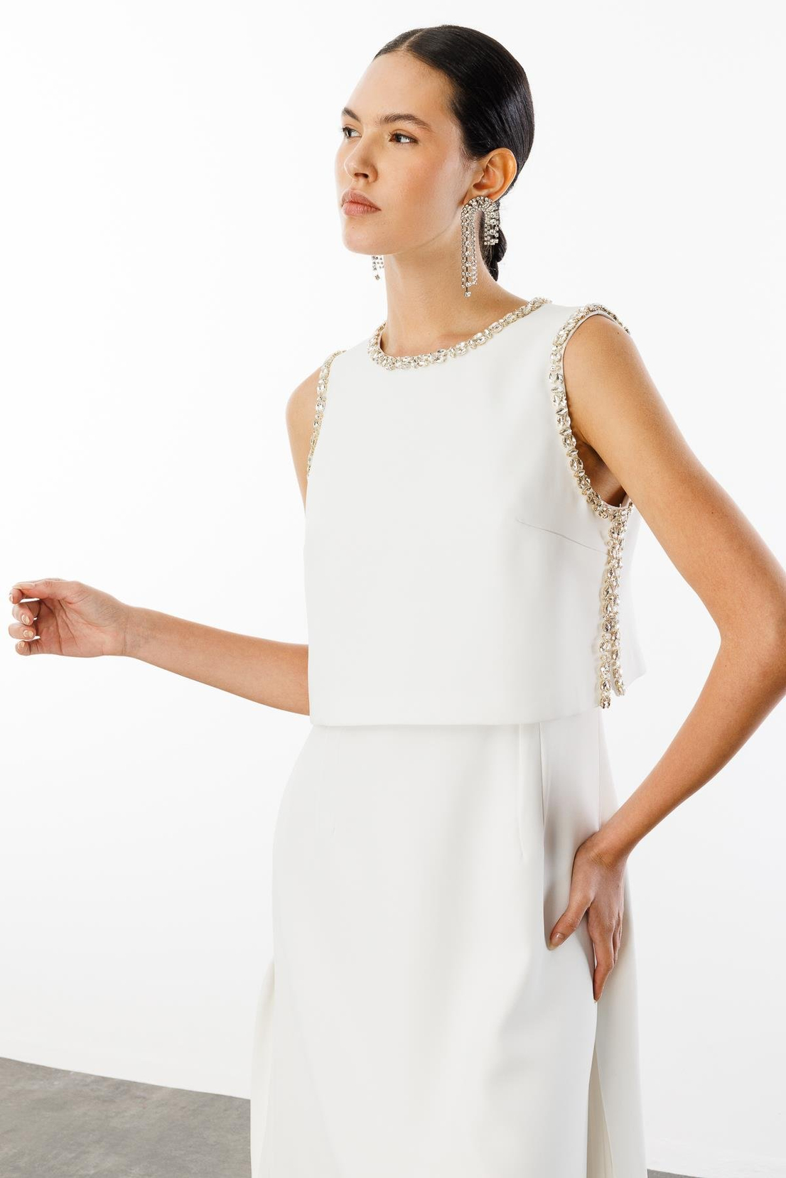 Taş İşlemeli Yelek & Elbise 2'li Takım EKRU