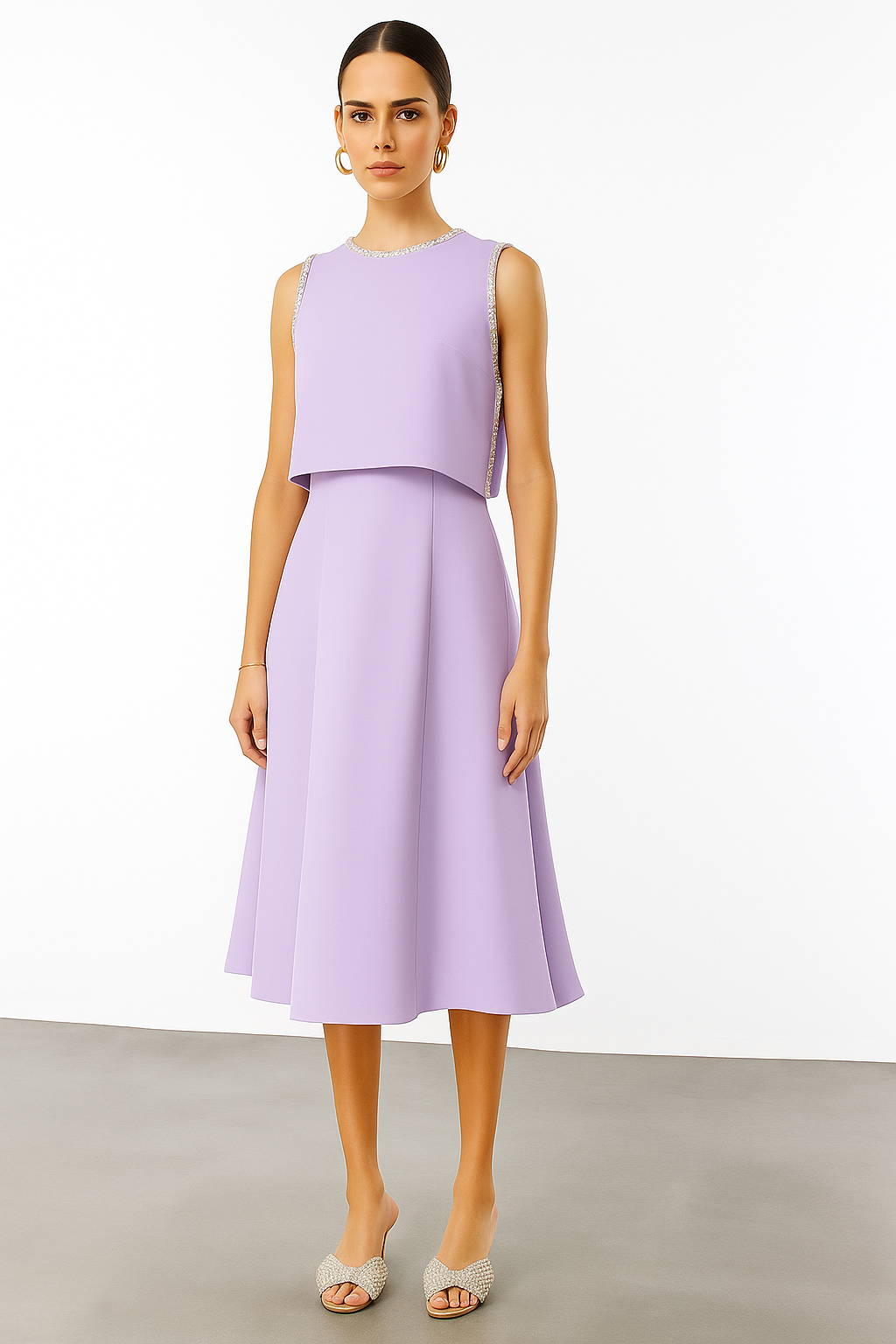 Taş İşlemeli Yelek & Elbise 2'li Takım LİLA