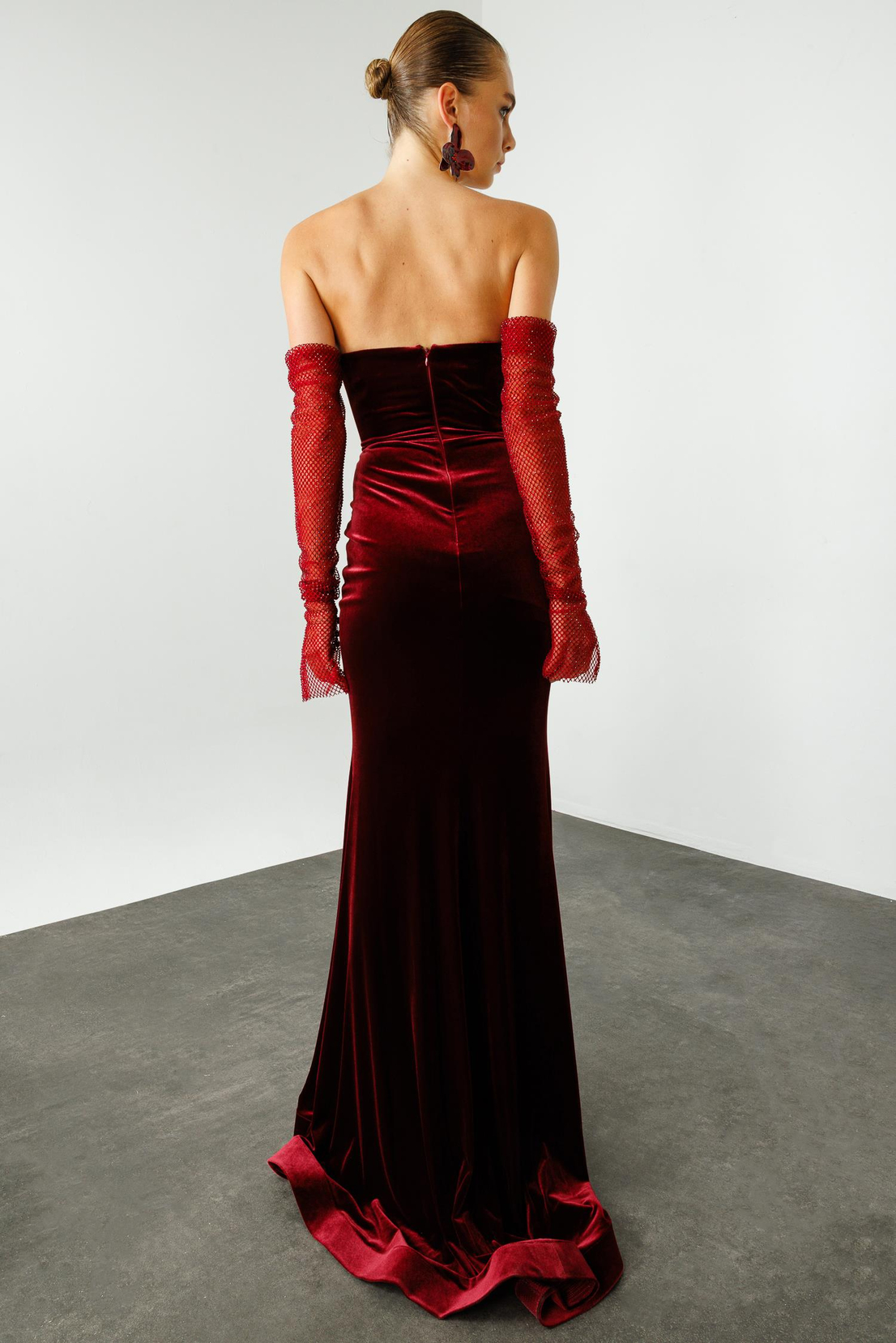 Taşlı File Kollu Balık Kesim Kadife Abiye BORDO