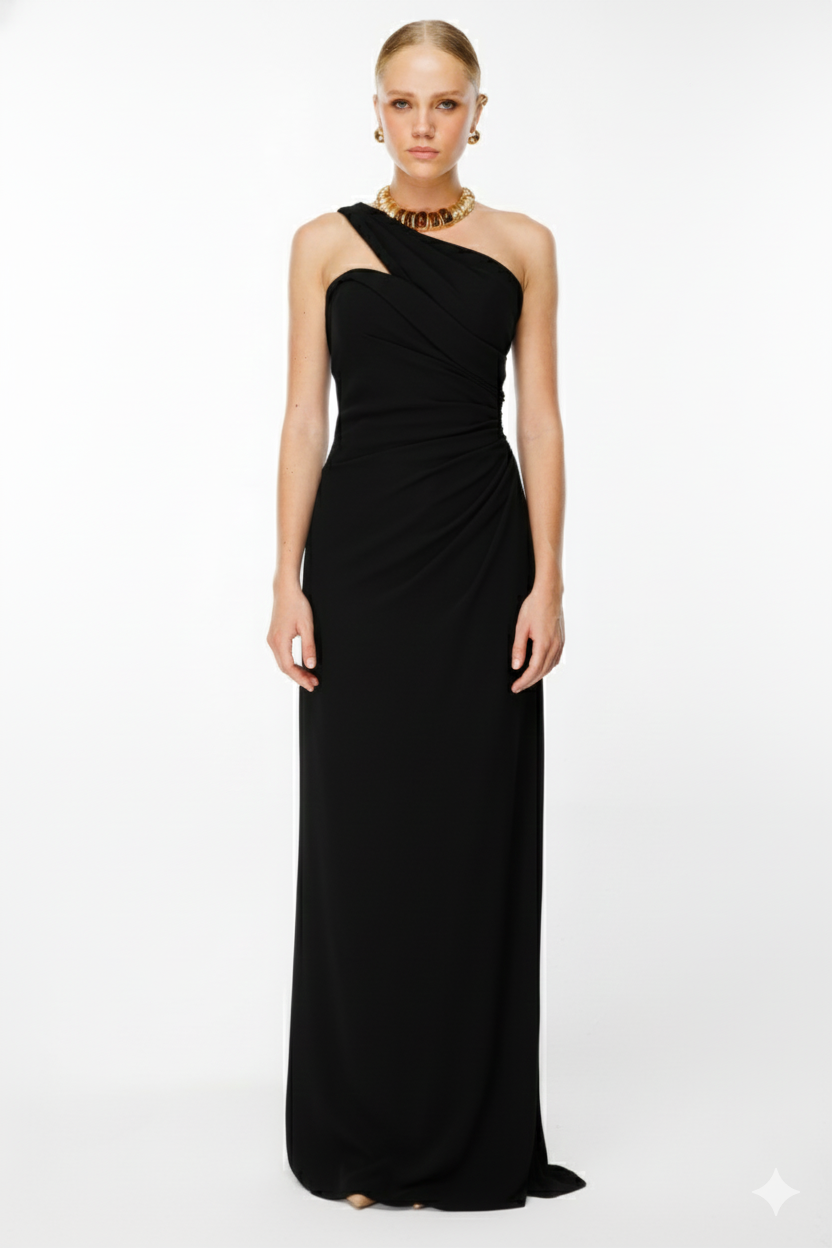 Tek Omuz Uzun Abiye SİYAH