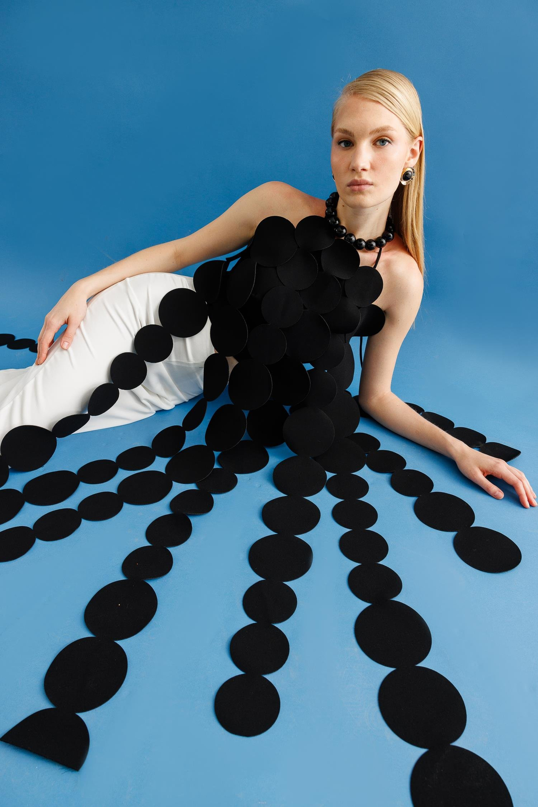 Üstü Daire Şeritli Saçak Detaylı Pantolon Takım SİYAH-EKRU