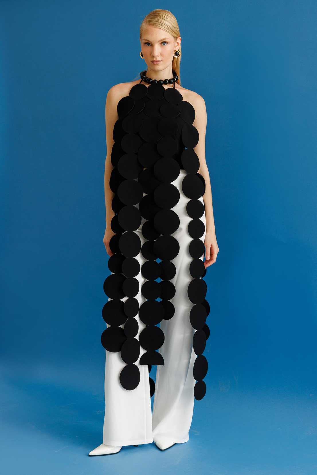 Üstü Daire Şeritli Saçak Detaylı Pantolon Takım SİYAH-EKRU