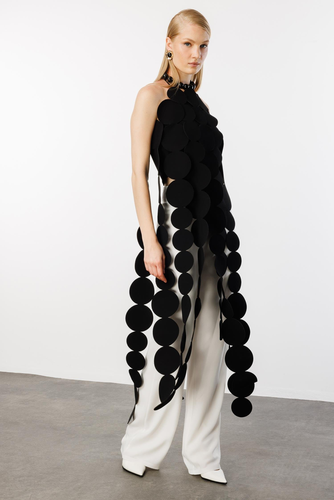 Üstü Daire Şeritli Saçak Detaylı Pantolon Takım SİYAH-EKRU