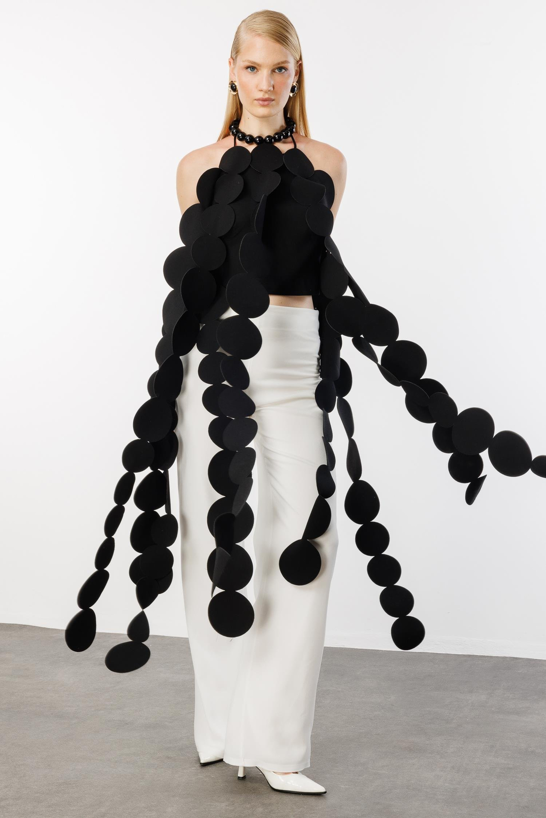 Üstü Daire Şeritli Saçak Detaylı Pantolon Takım SİYAH-EKRU