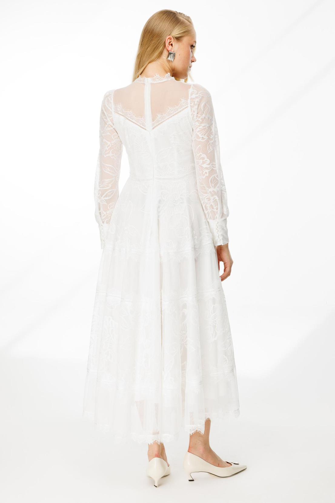 Uzun Kol Dantel Elbise BEYAZ