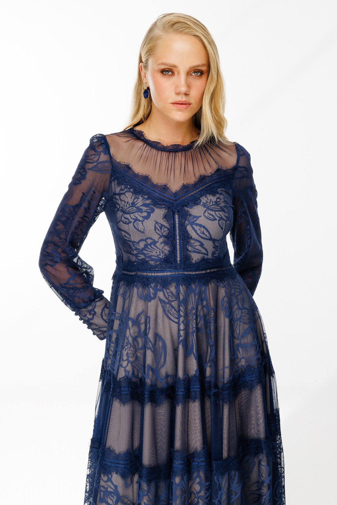 Uzun Kol Dantel Elbise LACİVERT