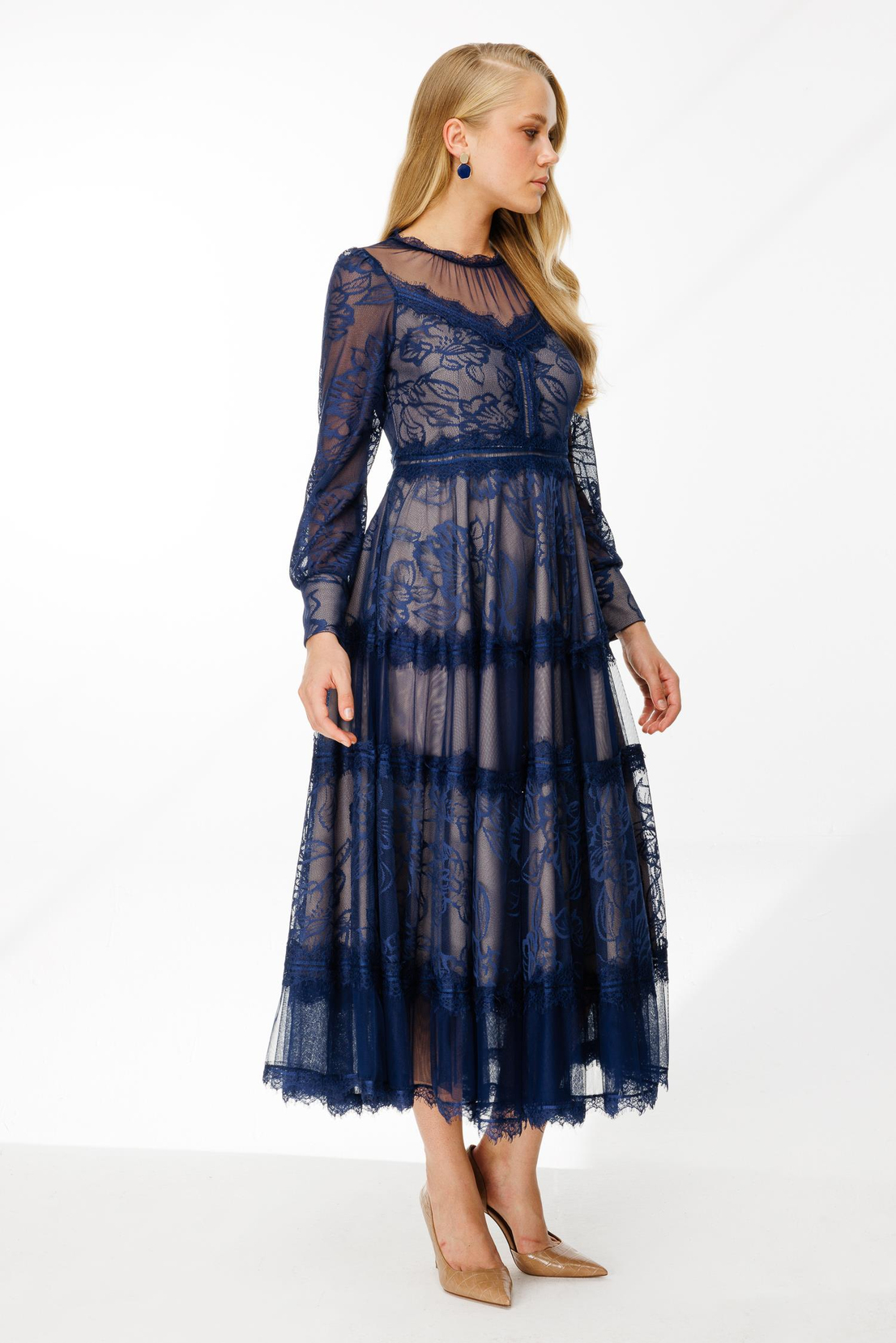 Uzun Kol Dantel Elbise LACİVERT