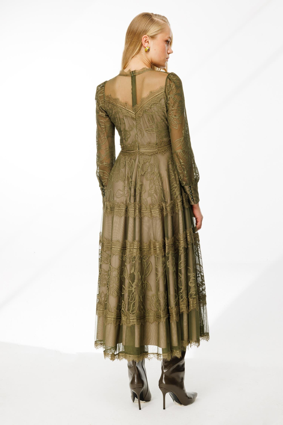 Uzun Kol Dantel Elbise YEŞİL