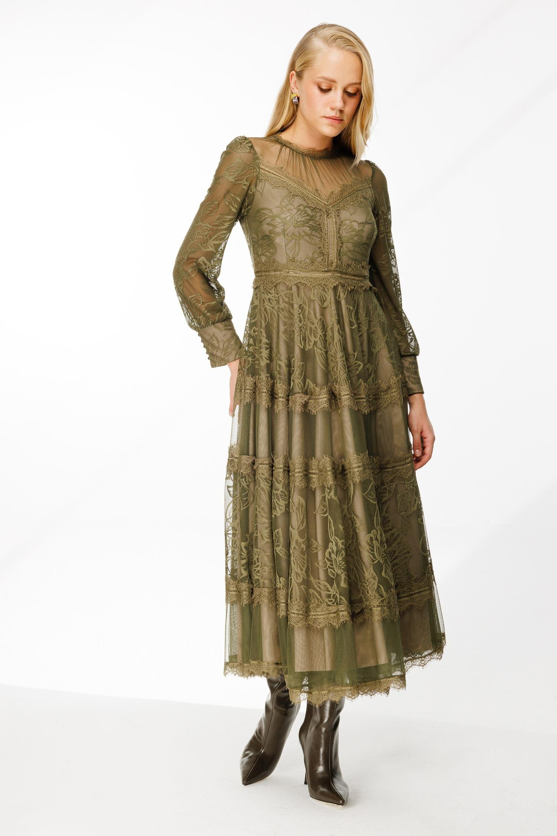 Uzun Kol Dantel Elbise YEŞİL