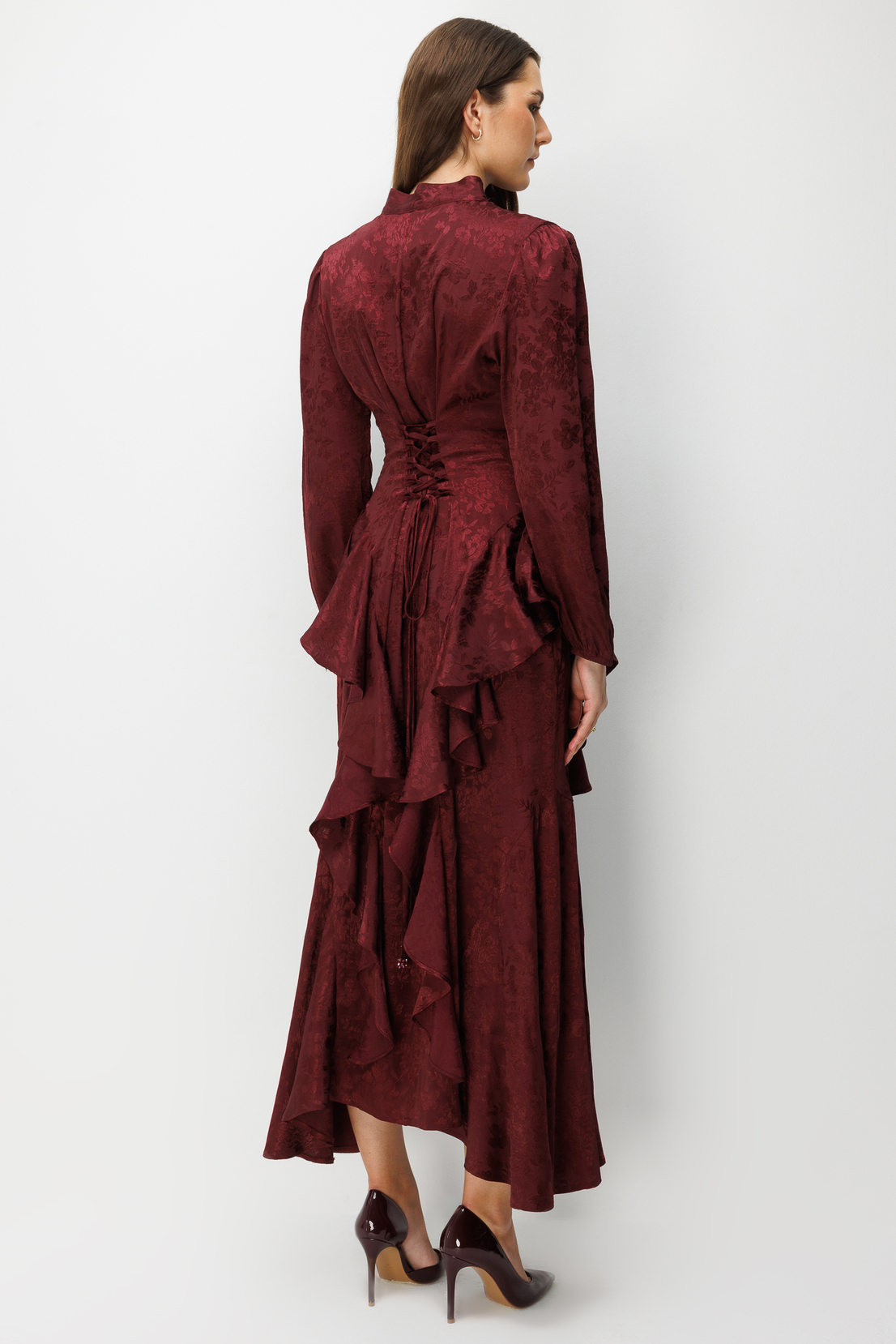 V Yaka Detaylı Volanlı Jakar Elbise BORDO