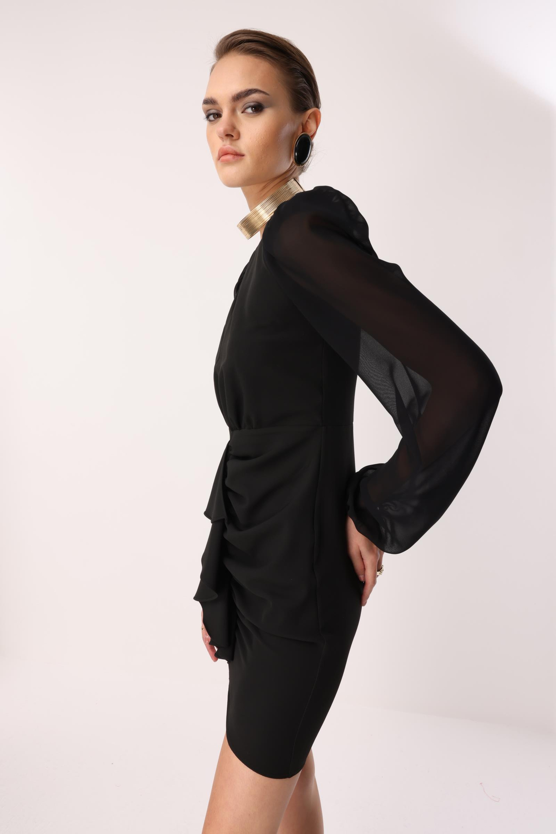 Volan Detaylı Uzun Kollu Mini Elbise SİYAH