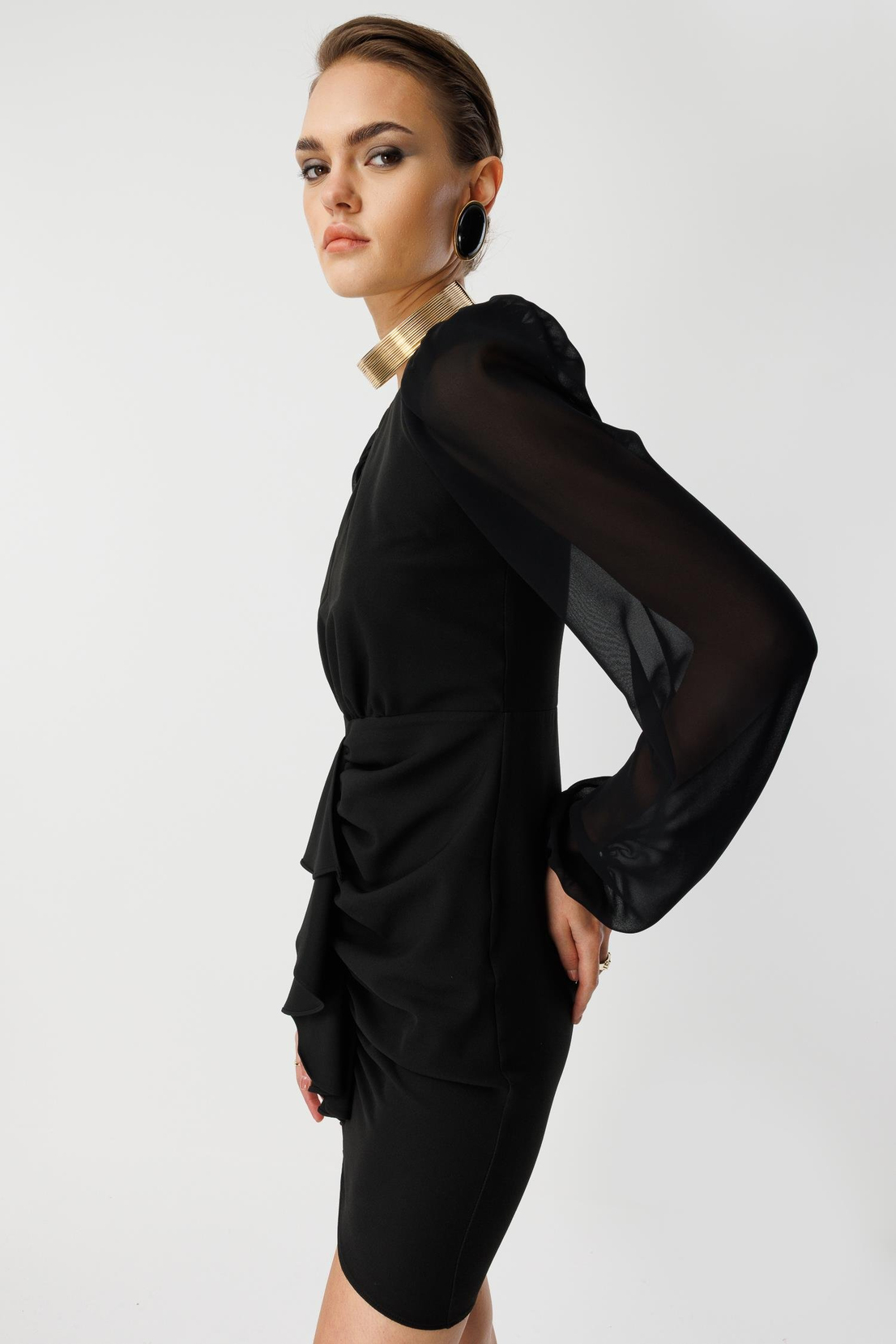 Volan Detaylı Uzun Kollu Mini Elbise SİYAH