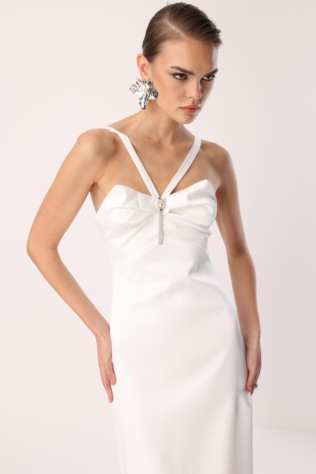 Yaka Askı Detay Mini Elbise EKRU