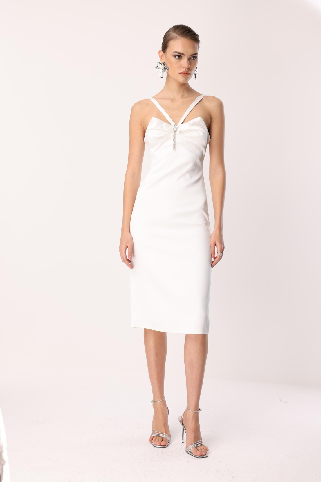 Yaka Askı Detay Mini Elbise EKRU