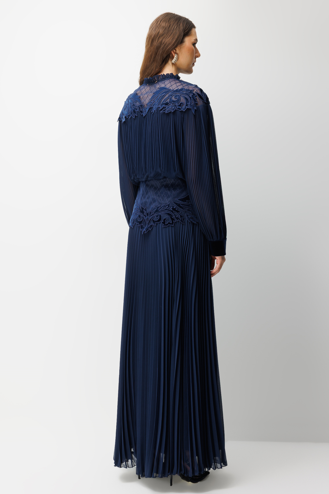 Yaka Bel Dantel İşleme Detay Maxi Boy Elbise LACİVERT