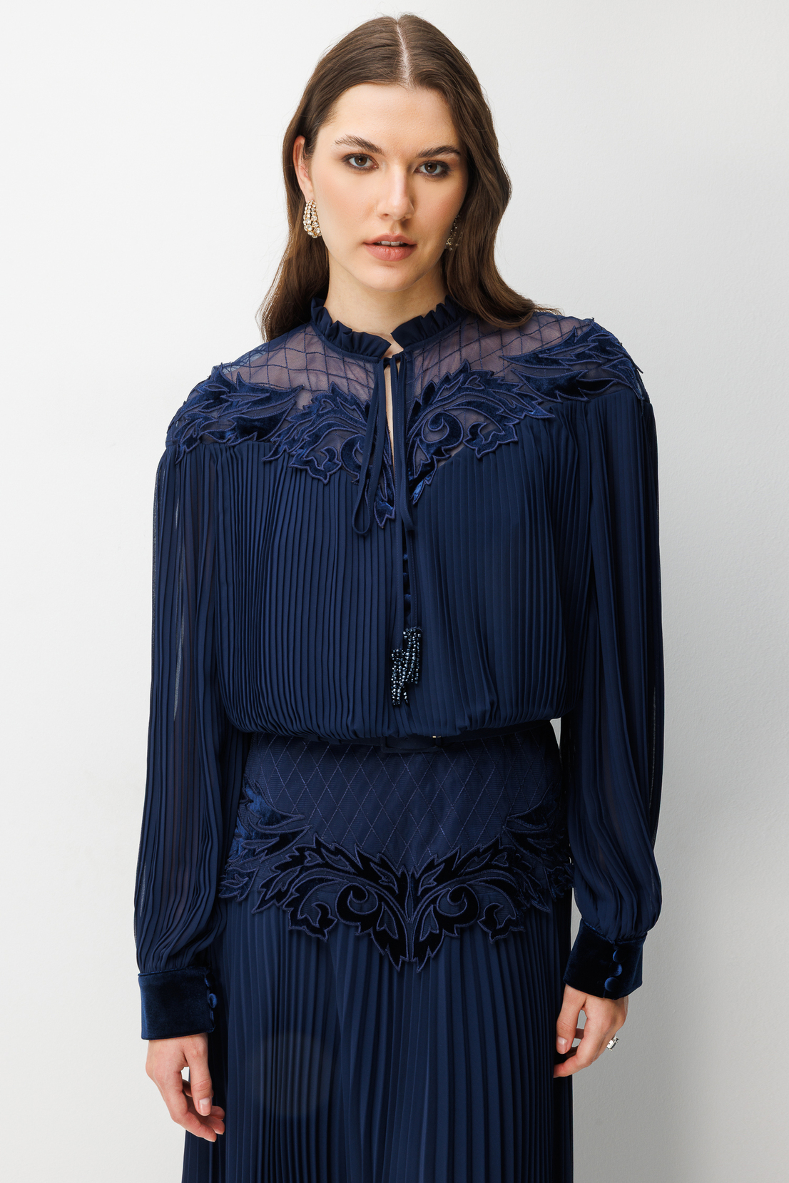 Yaka Bel Dantel İşleme Detay Maxi Boy Elbise LACİVERT