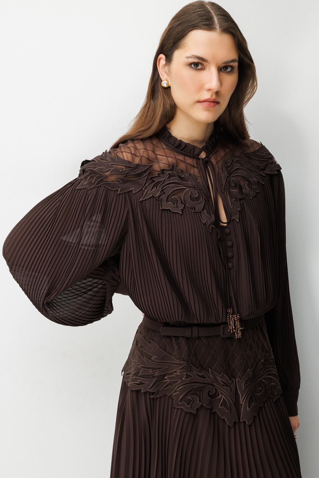 Yaka Bel Dantel İşleme Detay Maxi Boy Elbise KAHVERENGİ