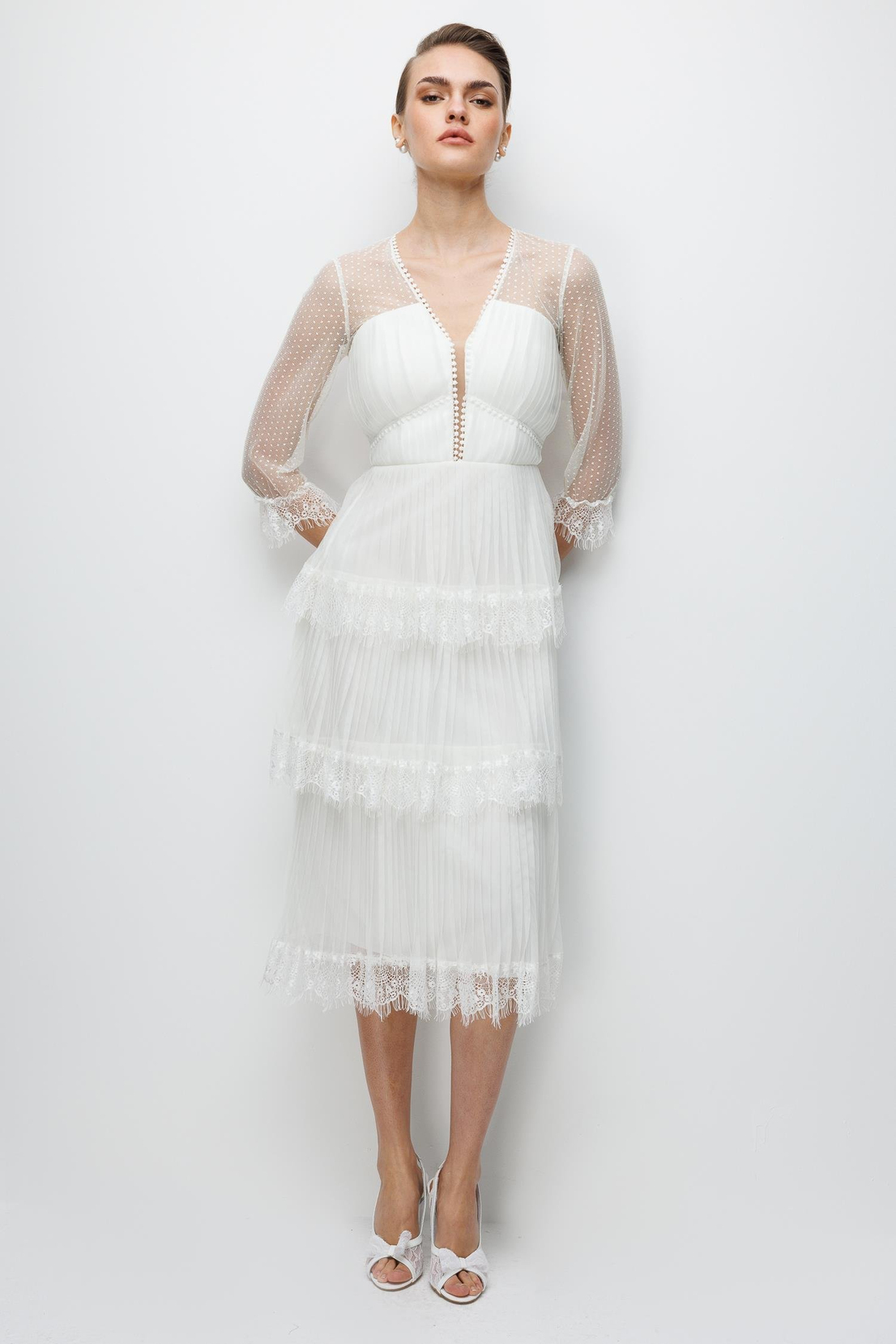Yaka Birit Detaylı Tül Etek Elbise EKRU