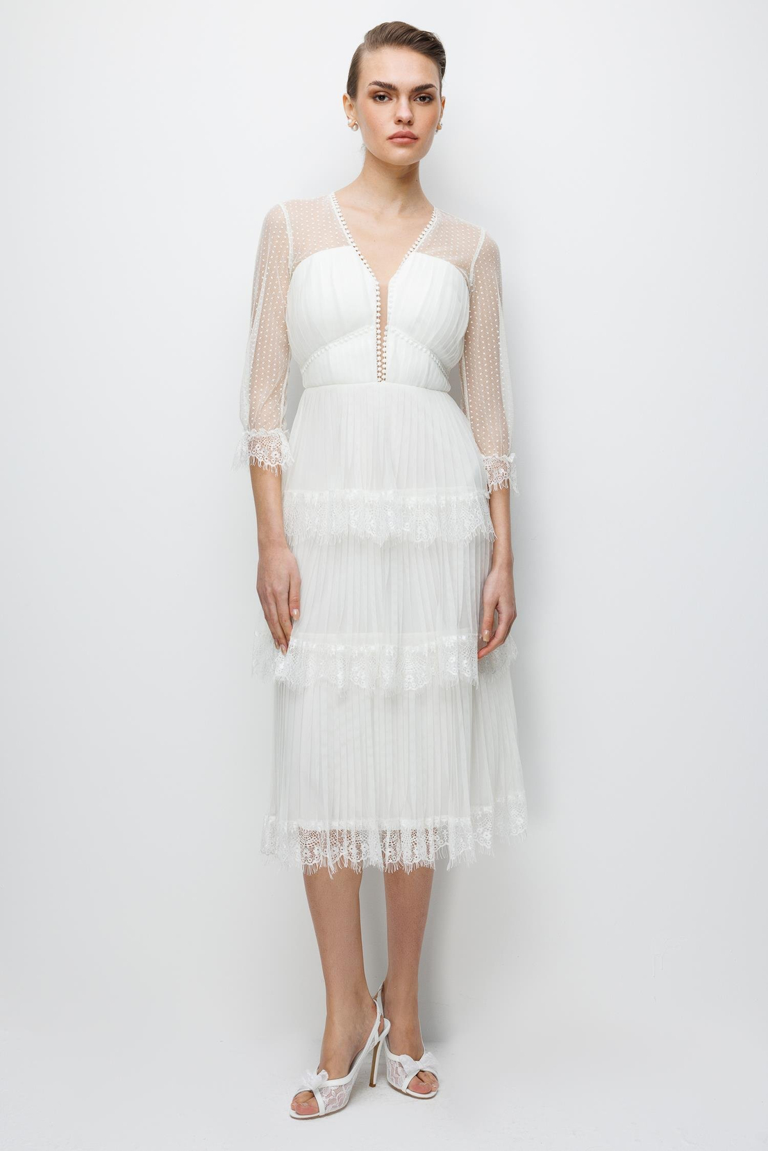 Yaka Birit Detaylı Tül Etek Elbise EKRU