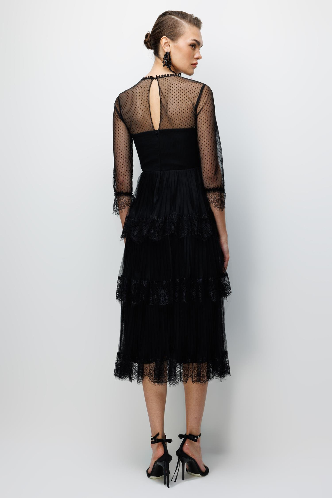 Yaka Birit Detaylı Tül Etek Elbise SİYAH