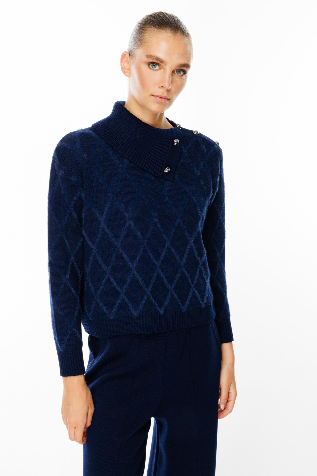 Yaka Düğme Detaylı Baklava Desen Kazak LACİVERT