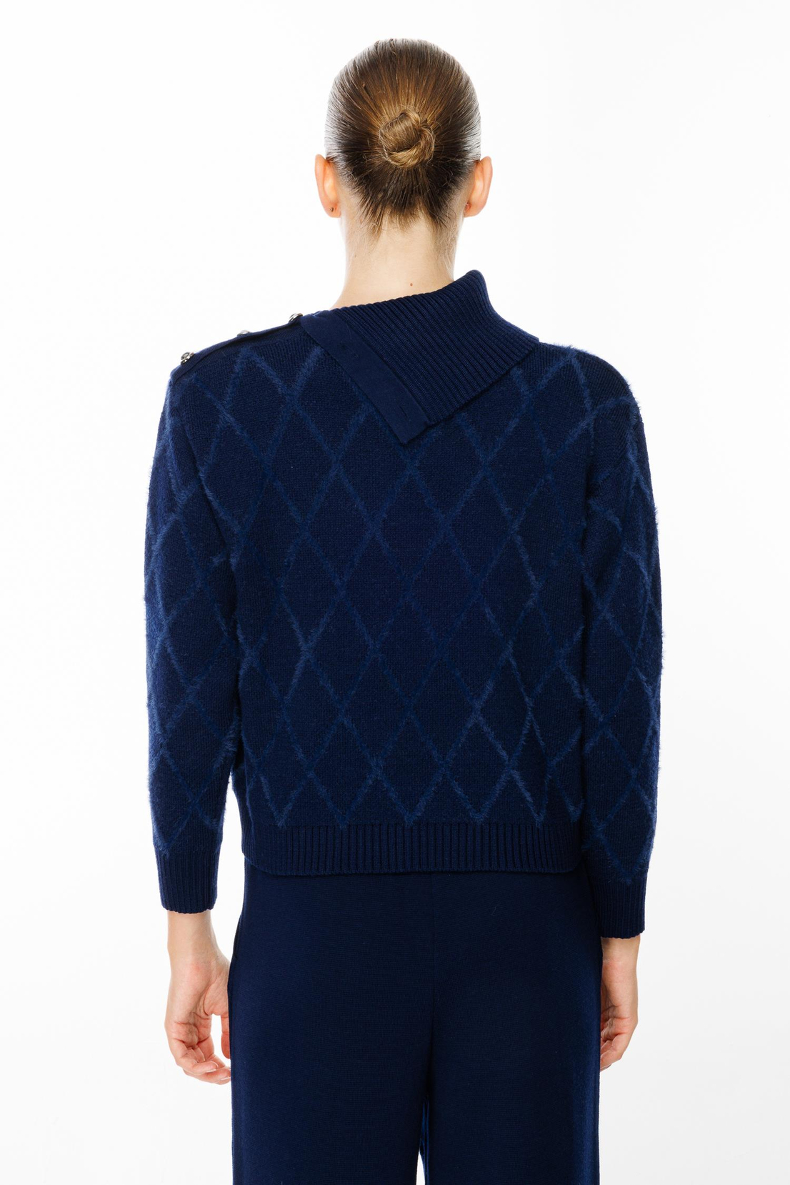 Yaka Düğme Detaylı Baklava Desen Kazak LACİVERT