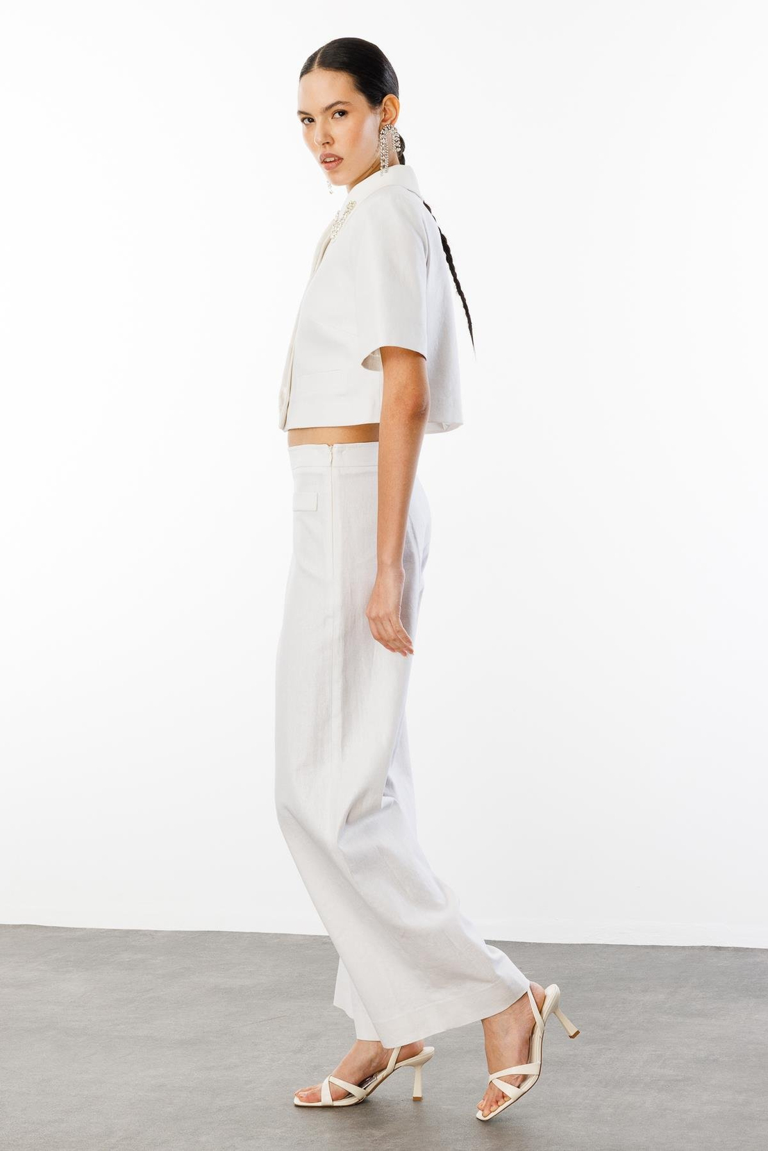 Yaka İşleme Detaylı Ceket Pantolon Keten Takım KREM